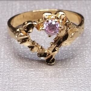 Vintage Hammered Heart Ring Pink Faceted CZ Stone Gold Nugget Rare Art Nouveau